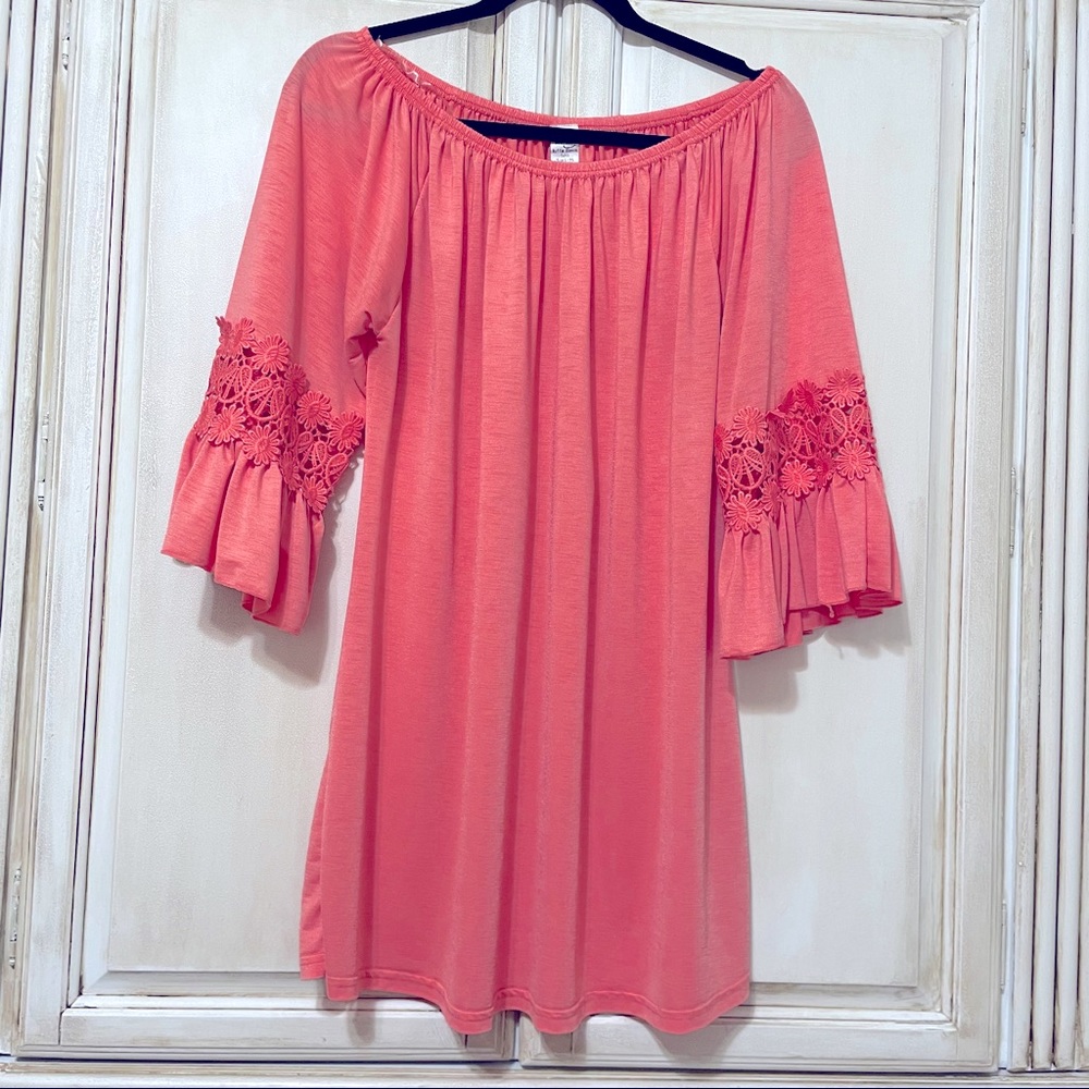 WinWin Coral Ruffle Lace Sleeve Tunic Dress SZ L XL